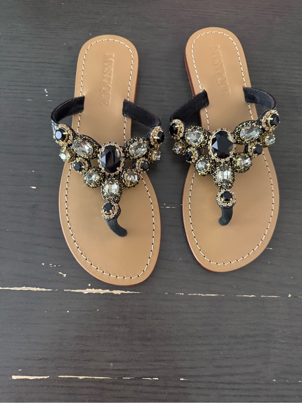 Mystique Embellished Black Jeweled Thong Sandals - fits 8.5 to 9 Women